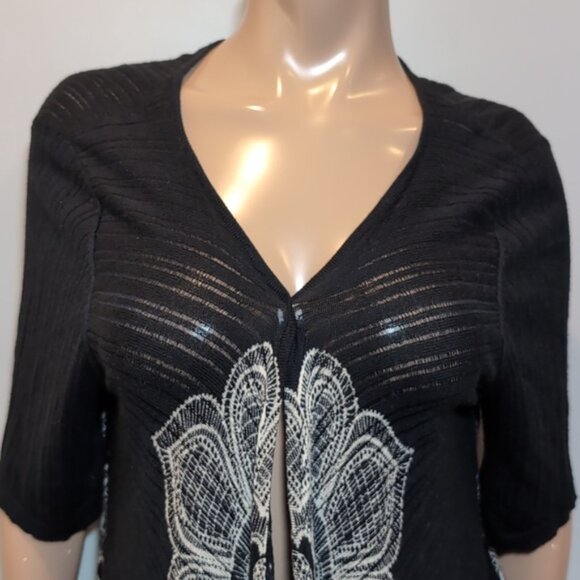 Vintage Chicos Damask Modal Cardigan Open Flyaway Front Short Sleeve Ribbed Knit - Picture 3 of 17